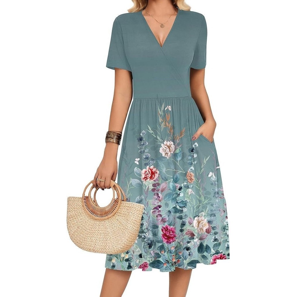 Zeagoo Women's Short Sleeve Midi V-Neck A-Line Jersey Dress - Green Floral - XL